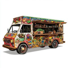 Obraz premium Colorful Food Truck Displaying Diverse Culinary Offerings and Fresh Ingredients in a Vibrant Urban Setting