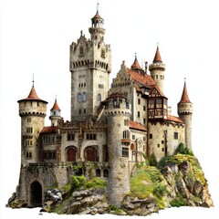 Fototapeta premium Majestic Fantasy Castle on a Rocky Outcrop Surrounded by Lush Greenery in a Clear Blue Sky