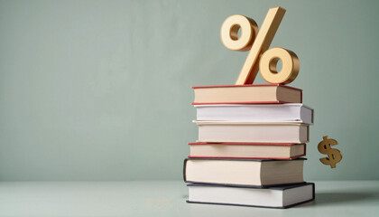 Golden percentage sign over stacked books, smart spending concept