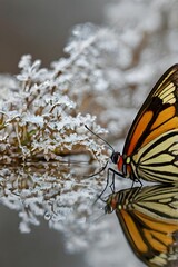 A butterfly’s wings reflecting different seasons—one side winter, the other spring.