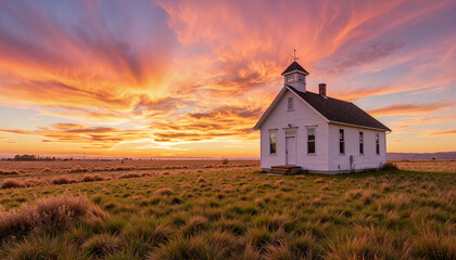 Serene rural schoolhouse under vibrant sunset sky, countryside tranquility
