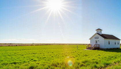 Isolated rural schoolhouse under bright sunlight in grassy field, nostalgia