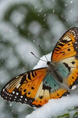 A butterfly’s wings reflecting different seasons—one side winter, the other spring.