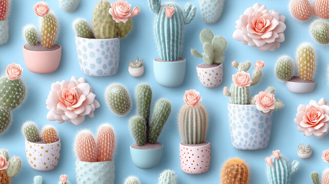 Colorful cacti and roses in decorative pots on blue background