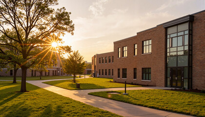 School building at sunrise with long shadows, inviting warmth
