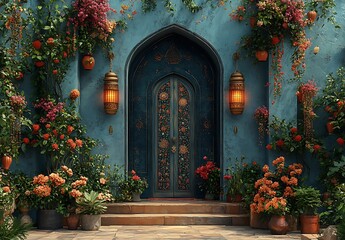 Fototapeta premium Blue Arched Door Surrounded by Orange Flowers and Hanging Plants on a Wall