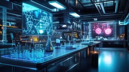 Obraz premium A high-tech laboratory filled with scientific equipment and digital displays.