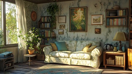 A cozy living room with a sofa, bookshelves, and plants, creating a warm atmosphere.