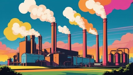 Obraz premium A stylized illustration of a factory at sunset, emitting smoke and steam