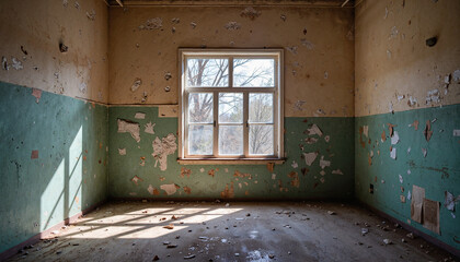 Abandoned school room with peeling paint and sunlight, mysterious allure