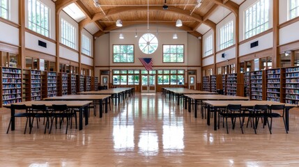 Fototapeta premium Spacious school library, wooden tables, high ceilings, natural light. Educational setting