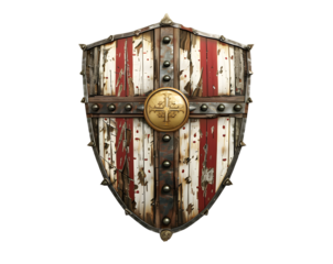 Medieval Wooden Shield with Metal Reinforcement and Red-White Stripes
