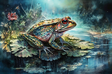 frog , a clearing full of the rarest and most magnificent bioluminescent fantasy colors, a lake...