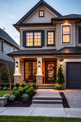 Fototapeta premium Luxury Modern Home Exterior at Dusk: Stunning Architecture and Landscaping
