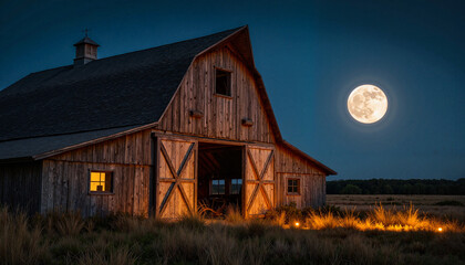 Obraz premium Eerie gothic barn glowing under full moon, haunting rural landscape