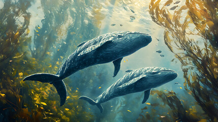Fototapeta premium Two whales swimming gracefully through kelp forest underwater with feeling of serenity and vastness