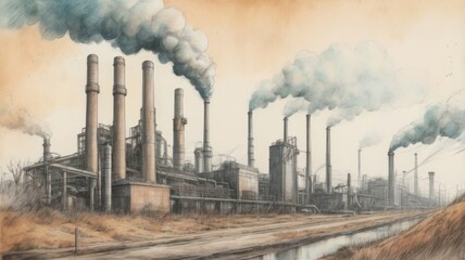 A stylized illustration of a factory at sunset, emitting smoke and steam