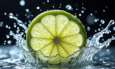 Fresh lime slice splashing in water