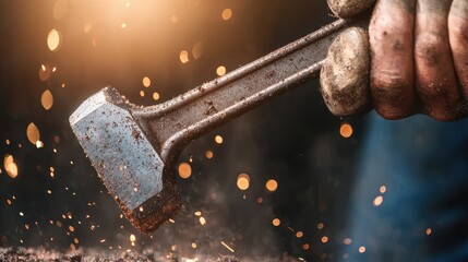 Close-Up of Hand Holding Hammer with Sparks Flying
