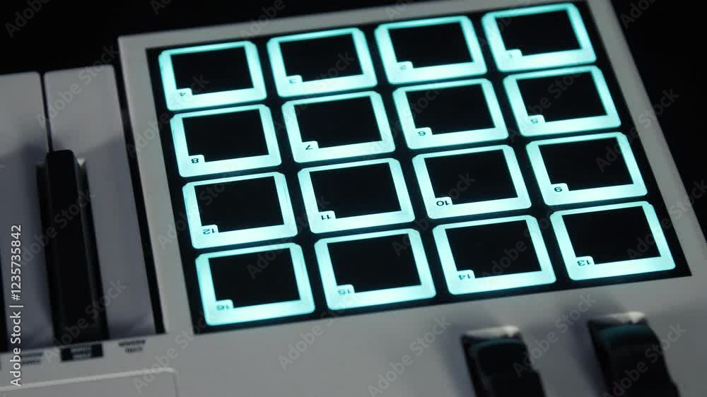 Poster midi keyboard with an illuminated drum pad controller, glowing square pads in a dark setting