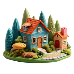 Colorful Cartoon Style Houses with Trees and Garden Landscape Scene, isolated on transparent background