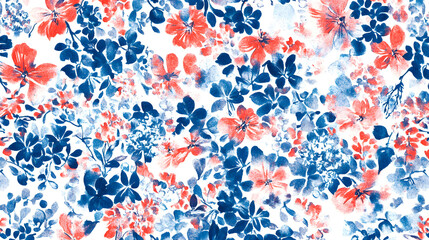 Watercolor floral pattern in shades of blue and coral.