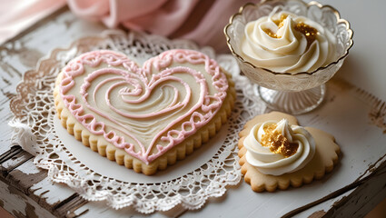 A heart-shaped Valentine's cookie with delicate pink and white swirls, resting on rustic wood or lace, beside a bowl of creamy frosting, dusted with edible gold, bathed in soft, warm light.