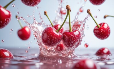 Fresh cherries splashing in water