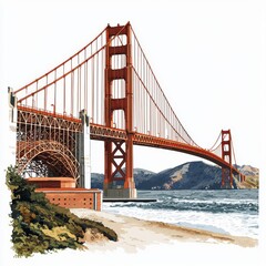 Obraz premium Stunning Illustration of Iconic Bridge with Golden Structure against Serene Water and Beautiful Landscape