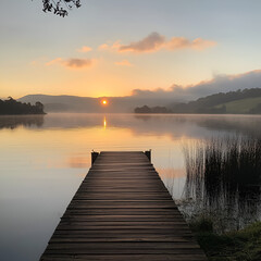 Fototapeta premium Sunrise Serenity: A tranquil lake scene at dawn, a wooden pier extends into calm water reflecting the golden hues of sunrise, creating a sense of peace and natural beauty.