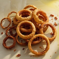 A Tempting Pile of Deep-Fried, Battered Onion Slices Catching the Light on a Smooth Surface, Promising a Savory and Crunchy Indulgence.