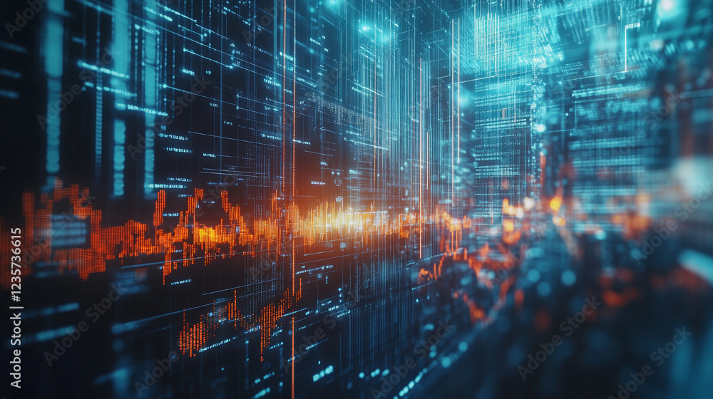 Poster abstract digital data stream orange blue technology background code neon glow flow cyber lines
