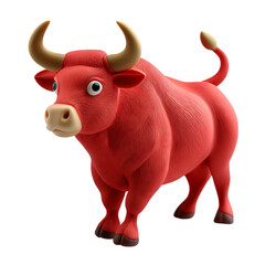 Cartoon-style red bull with exaggerated features and cute expression, isolated on transparent background