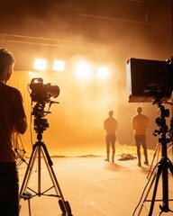 Fototapeta premium A dimly lit studio with bright lights illuminating two figures, showcasing a photography or film setup in a creative environment.