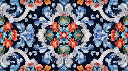 Ornate Floral Pattern in Blue and Orange Hues.