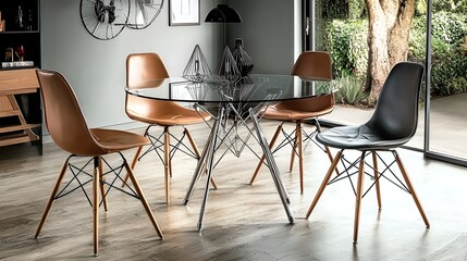 Modern glass dining table, four chairs, sunny room, home decor