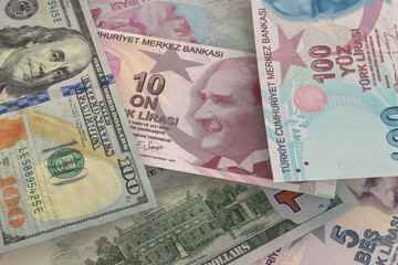 Turkish lira and US dollar banknotes. Cash. Financial concept.