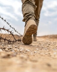 A person walks on a rugged, dusty path with a focus on their footwear, framed by thorny branches in a desert-like environment.