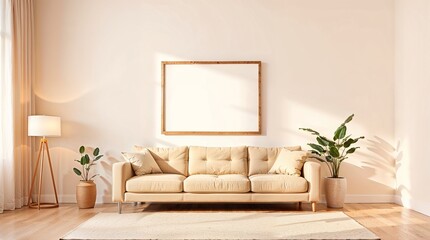 Naklejka premium beige modern living room with blank mockup painting in the background