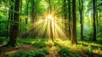 Obraz premium Warm sunlight filtering through lush green foliage, illuminating forest floor with vibrant rays, daytime scene, sunlight filters
