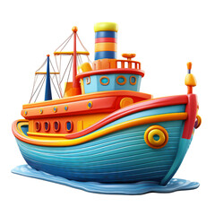 Colorful Cartoon Style Tugboat on Calm Water with Bright Details, isolated on transparent background
