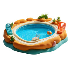 Cartoon Style Swimming Pool Surrounded by Sandy Beach Landscape, isolated on transparent background