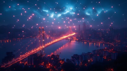 Night city bridge, network, digital, connection, futuristic, cityscape, glowing, lights, transportation, data