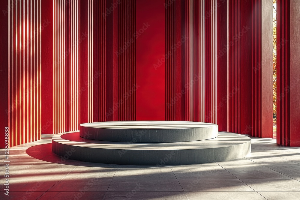 Poster elegant circular stage with vibrant red background and column design