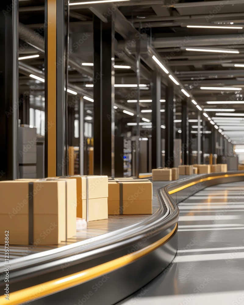 Poster a modern distribution center featuring a conveyor belt with stacked boxes, illuminated by bright ove