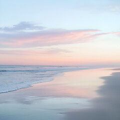 Fototapeta premium Serene Coastal Sunset: The pastel hues of a stunning sunset paint the sky above a tranquil beach. The gentle waves wash against the shore. Evoking a sense of peace and relaxation.