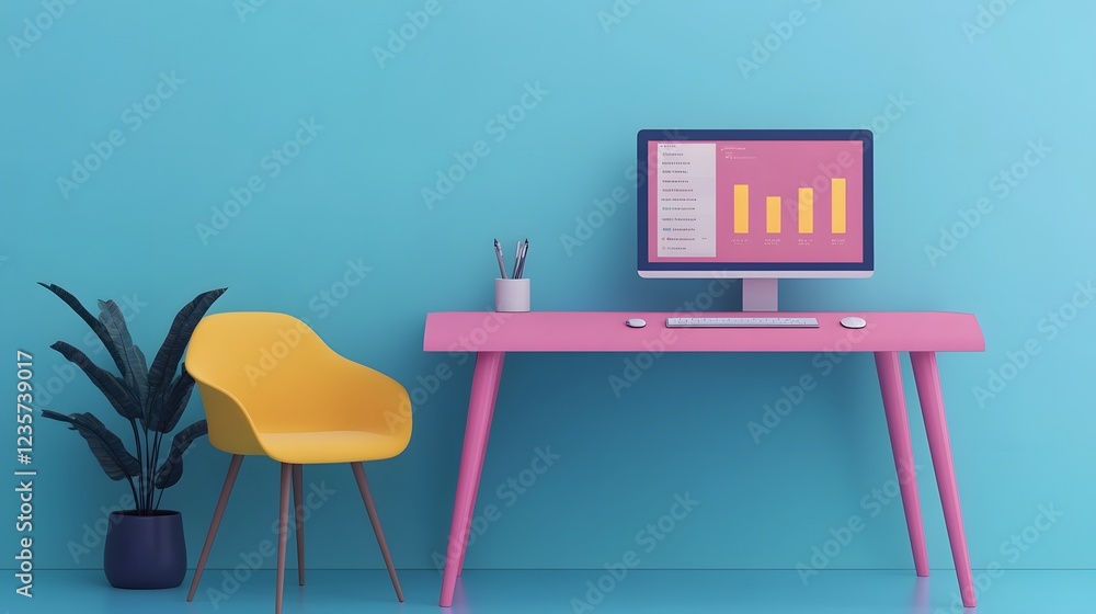 Poster colorful minimalist office workspace with data analytics dashboard