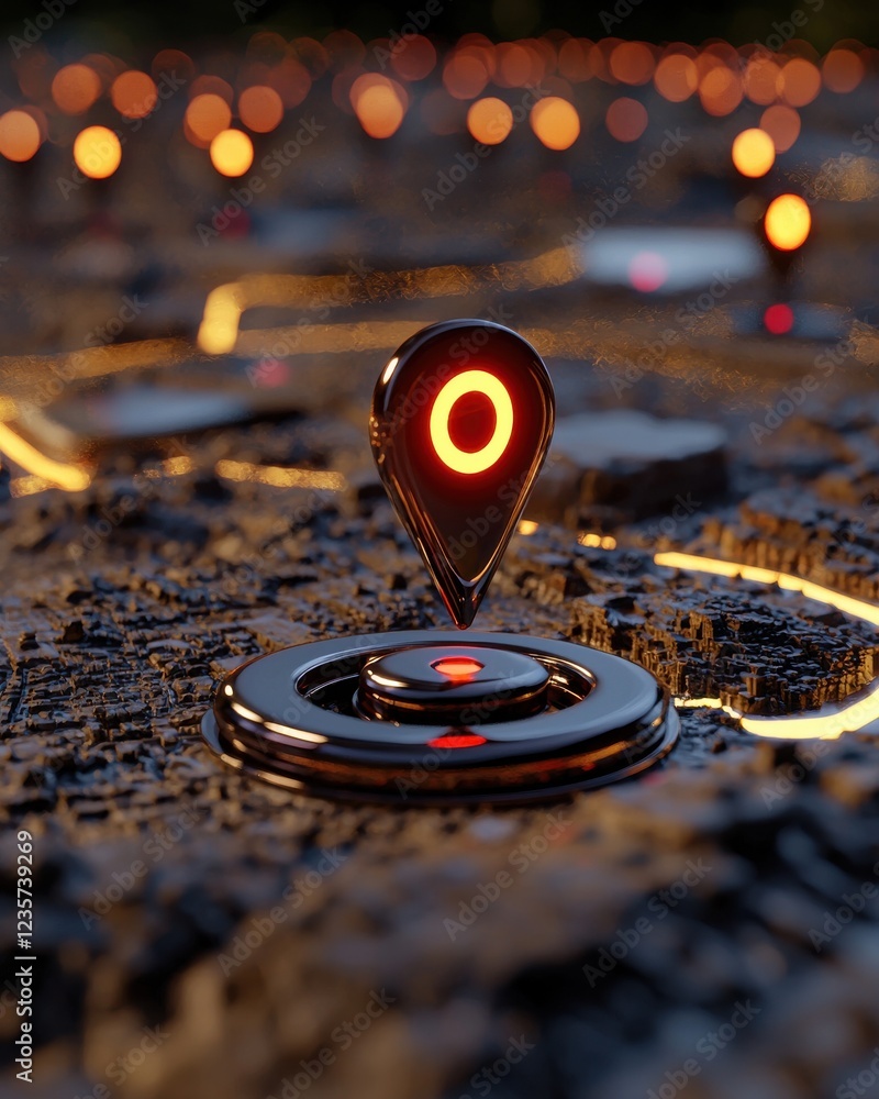 Poster a glowing location pin stands out on a dark, textured surface, symbolizing navigation and mapping te