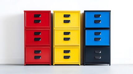 Metal filing cabinets in vibrant colors for office organization and retro aesthetic