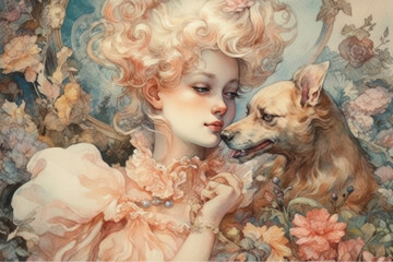 Portrait of a beautiful girl with a dog. Vintage style..,.Generative AI